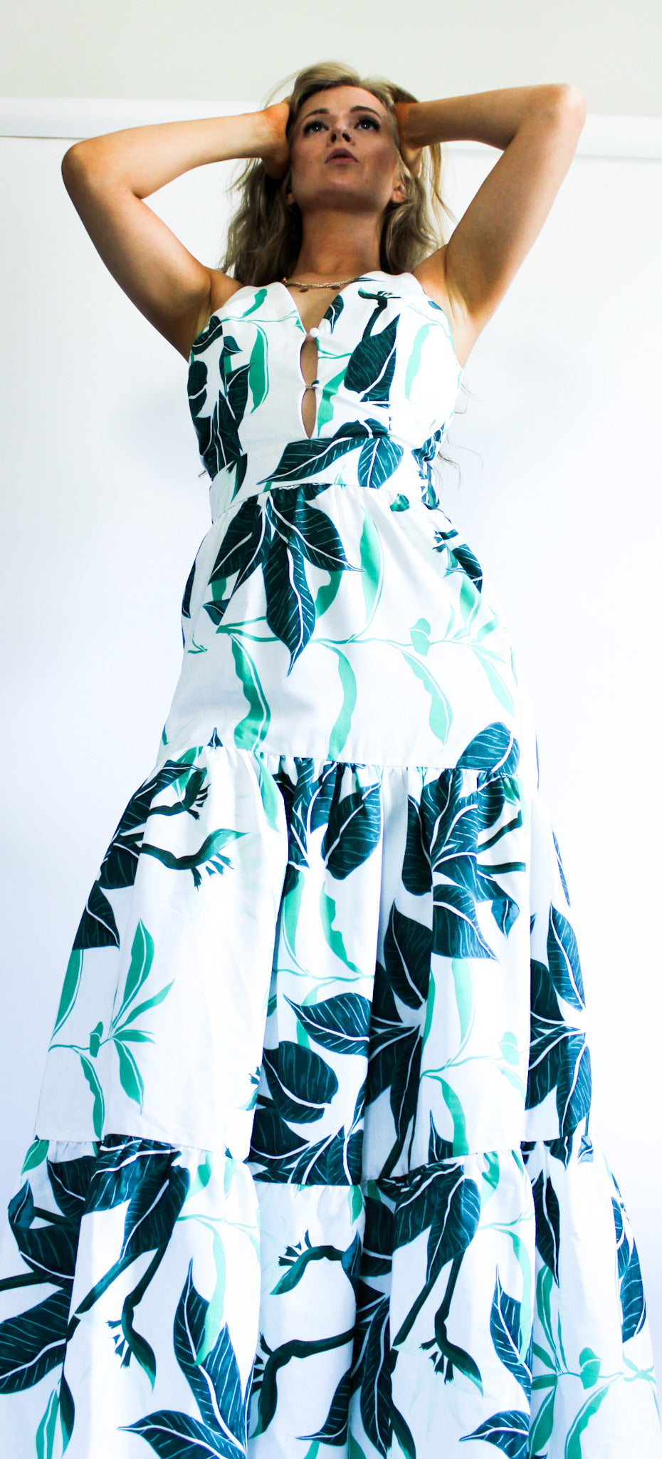 Forest Green Leaf and White Maxi Dress