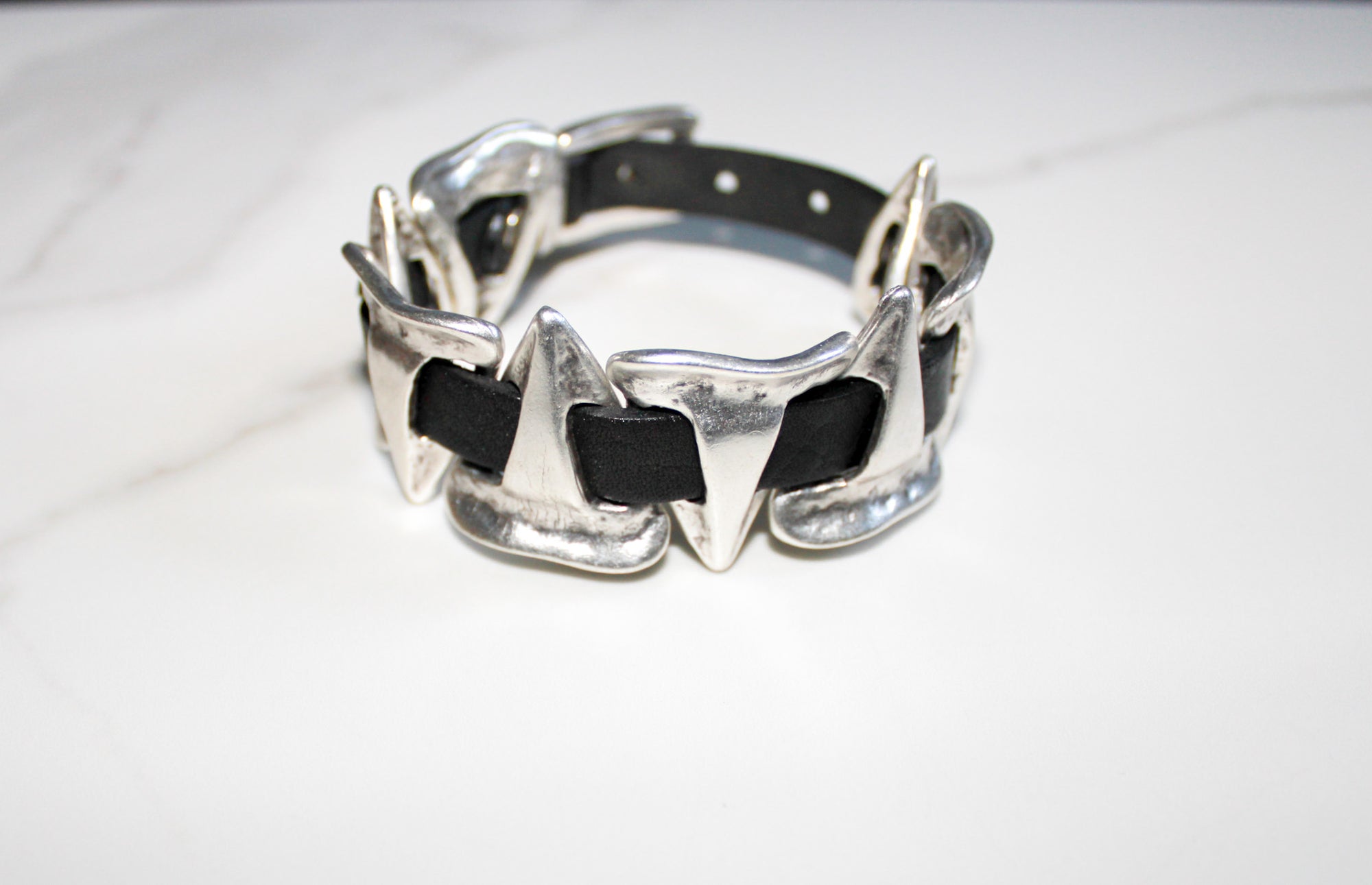 Triangle Pewter and Leather Cuff by Chanour