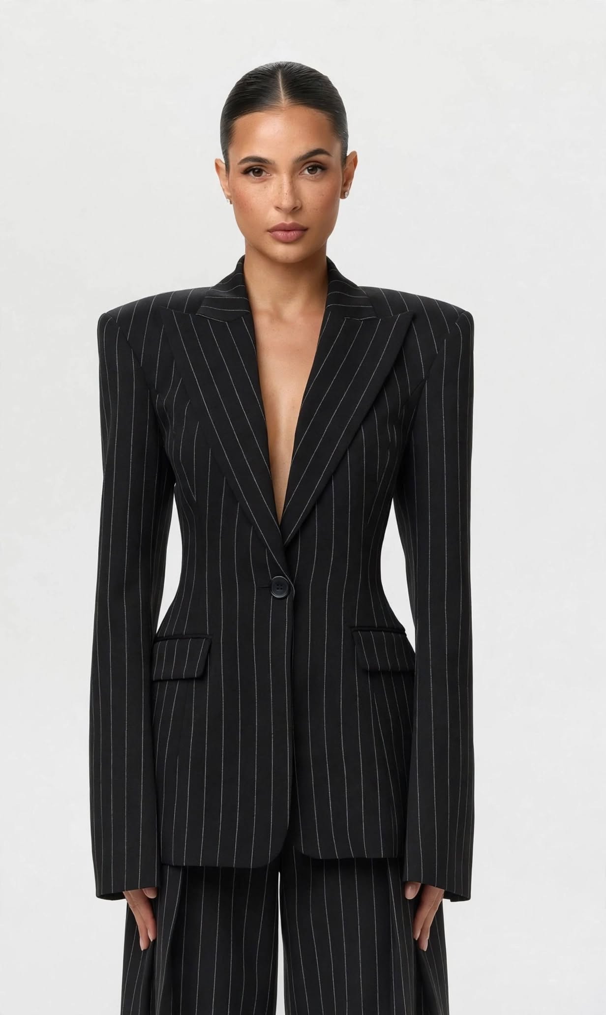 Pinstripe tailored blazer by Naked Wardrobe.