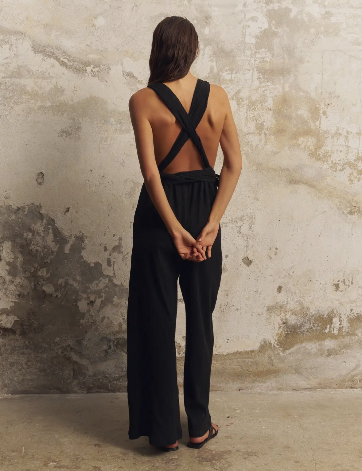 Elegant Yet Edgy Jumpsuit with Wrap-Style Bodice and Open Back
