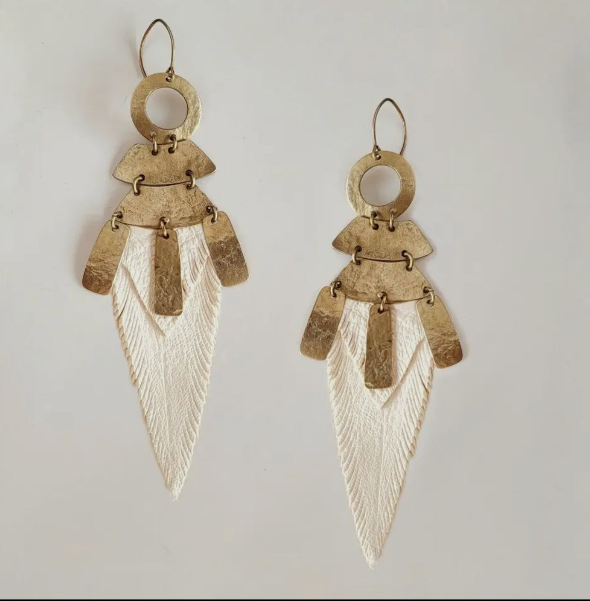 Brass and leather feather earrings by Bisjoux