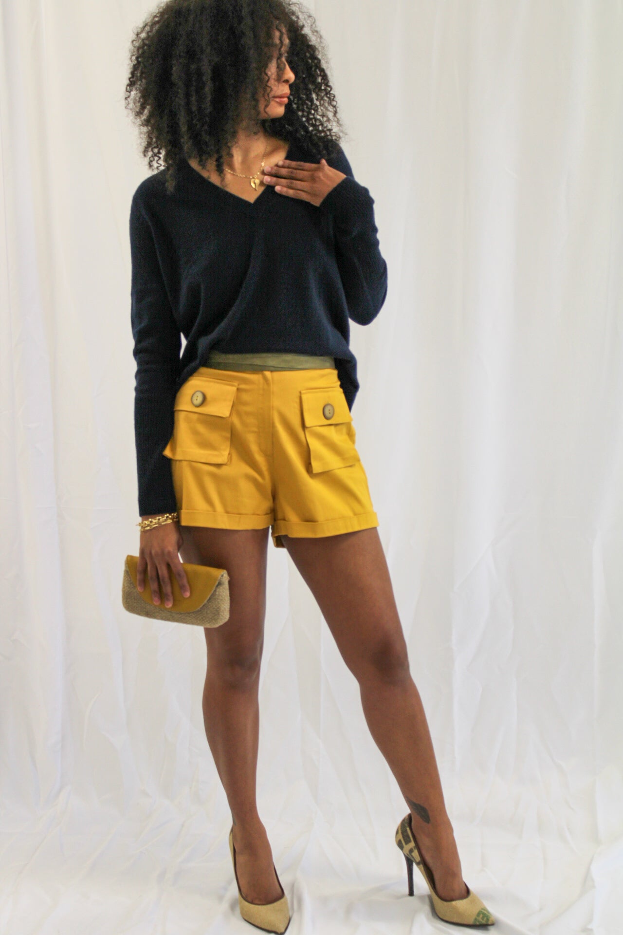 Bold Yellow Shorts With Tie Waist Belt by Adriana Contreras