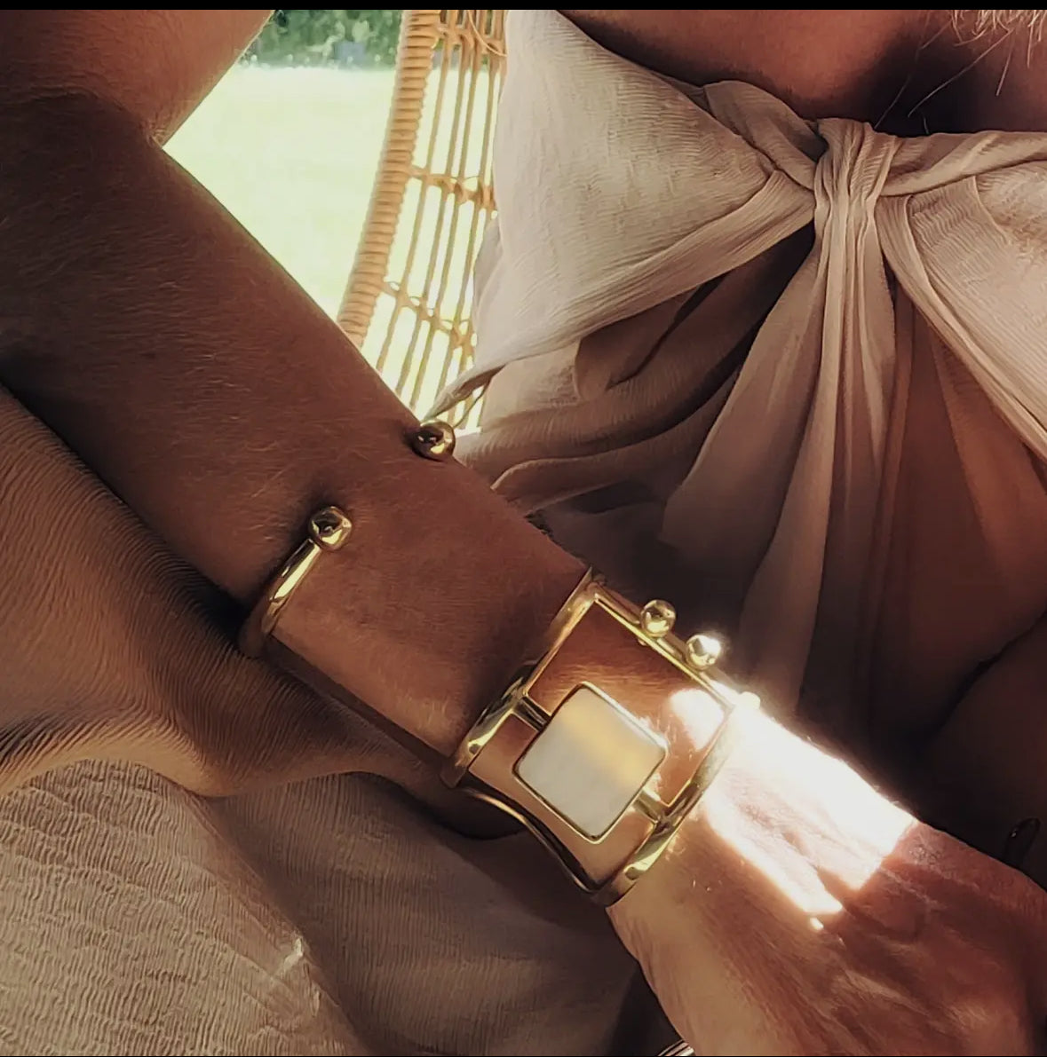 Brass seashell MOP cuff bracelet by Bisjoux