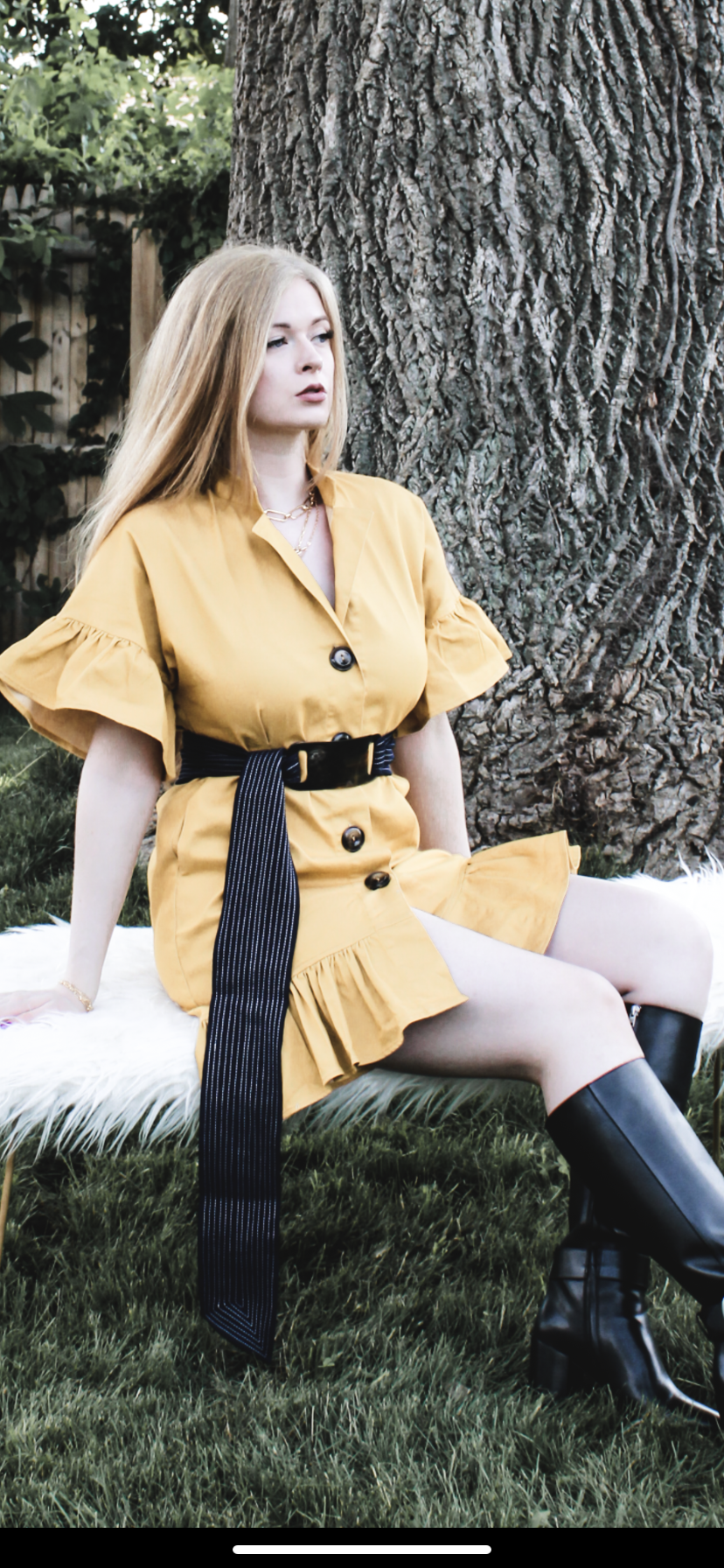 Golden Mustard High Low Dress With Navy & White Belt