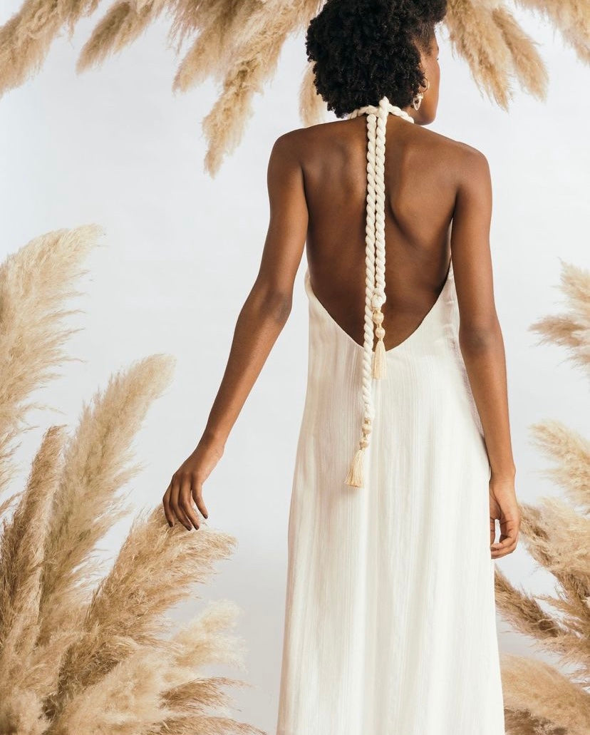 Cotton halter maxi dress with embroidery by Nay