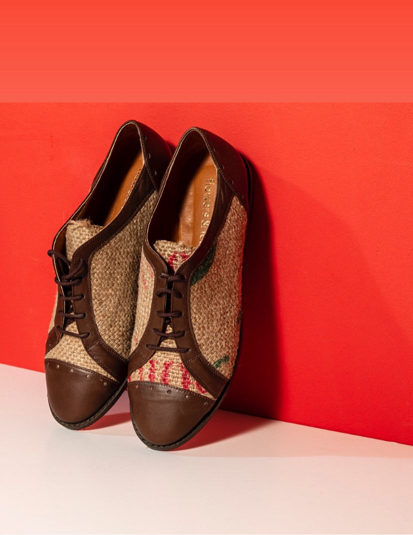 Coffee Burlap Oxford Shoes by flowers & leaves