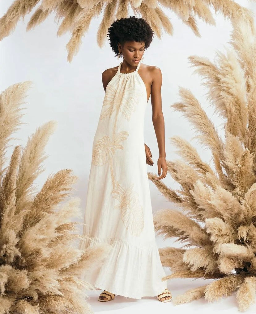 Cotton halter maxi dress with embroidery by Nay