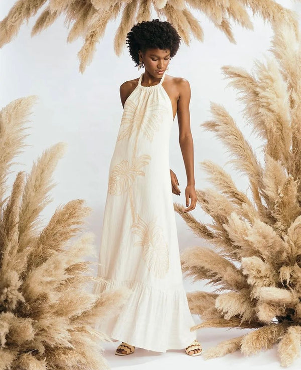Cotton halter maxi dress with embroidery by Nay - Dakota Stone Boutique Cotton halter maxi dress with embroidery by Nay - Dakota Stone Boutique
